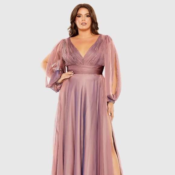 Mac Duggal Plus Size 16W Pink Puff Sleeve Embellished Cuff V-Neck A Line Gown - Picture 1 of 16